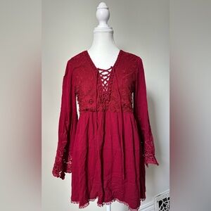 HAZEL Anthro Red Lace Up Babydoll Boho Renfair Festival Long Sleeve Size S